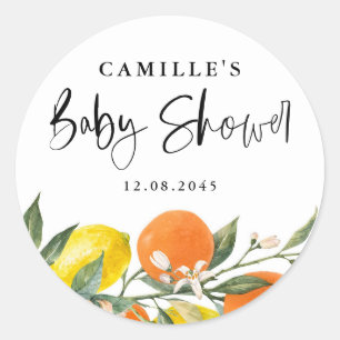Botanisch Sinaasappel en citroen Baby shower envel Ronde Sticker
