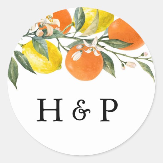 Botanisch Sinaasappel en citroen bruiloft monogram Ronde Sticker (Voorkant)
