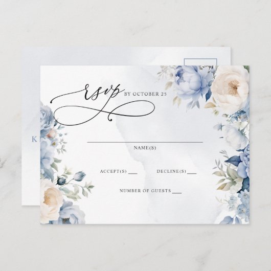 Botanisch Stoffig Blauw Bloemen Bruiloft RSVP Briefkaart (Voorkant / Achterkant)