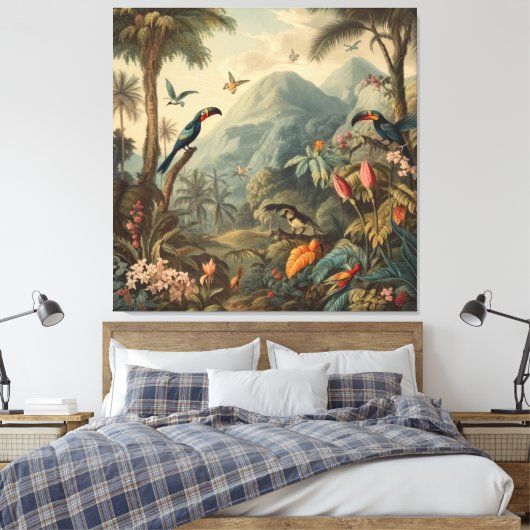 botanisch tafereel van toekans en bloemen canvas afdruk (Insitu (Slaapkamer))