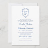 Botanisch Zee Blauw Monogram Crest & Script Weddin Kaart (Voorkant)