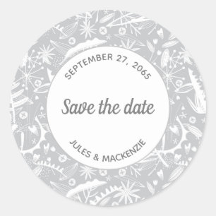 Botanisch zilver grijs patroon sparen de Datum Ronde Sticker