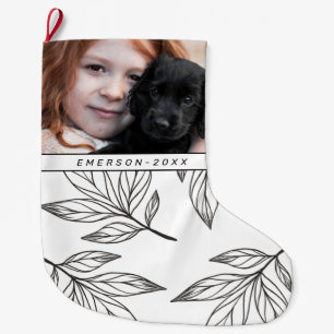 Botanische afdruk met foto en naam zwart grote kerstsok