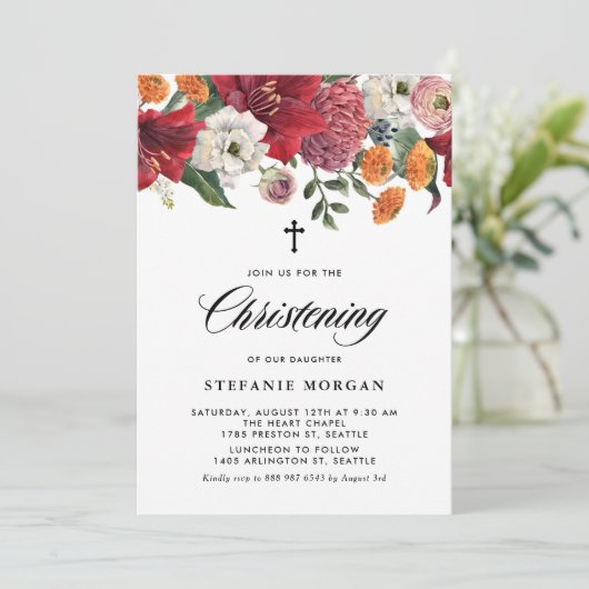 Botanische Amaryllis en Mums Bloemendoop Kaart (Staand voorkant)