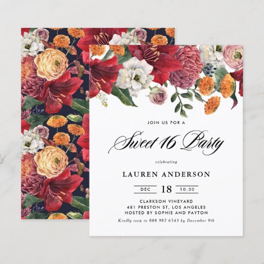 Botanische Amaryllis Sweet 16 Party Uitnodiging (Voorkant / Achterkant)