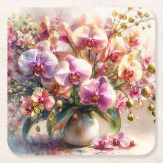 Botanische Aquarel - Orchidee Bloemkunst Vierkante Kartonnen Onderzetter