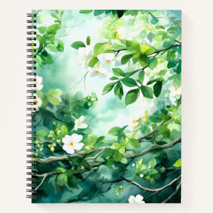 Botanische aquarel Witte Bloesems Groene Bladeren Notitieboek