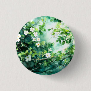 Botanische aquarel Witte Bloesems Groene Bladeren Ronde Button 3,2 Cm