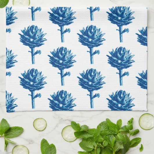 Botanische Artichoke Print, Indigoblauw en wit Theedoek (Gevouwen)