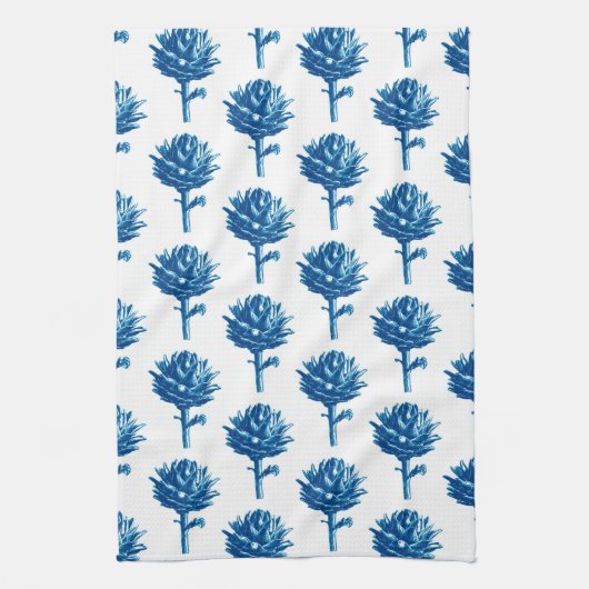 Botanische Artichoke Print, Indigoblauw en wit Theedoek (Verticaal)