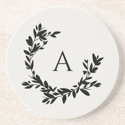 Botanische bladeren Initiaal monogram ivoor en zwa Zandsteen Onderzetter (Voorkant)