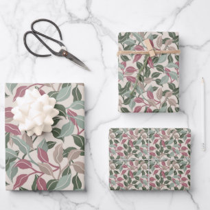 Botanische Bladeren Salie Groen Stof Roze Bloemmot Inpakpapier Vel
