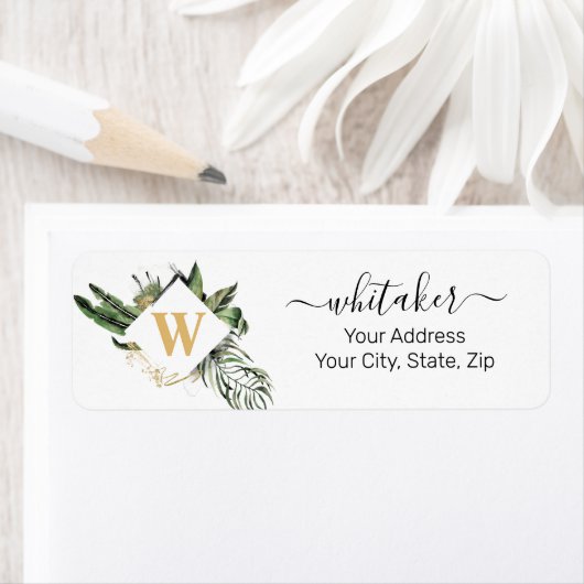 Botanische bladmonogram, Script Name Address Etiket (Insitu)