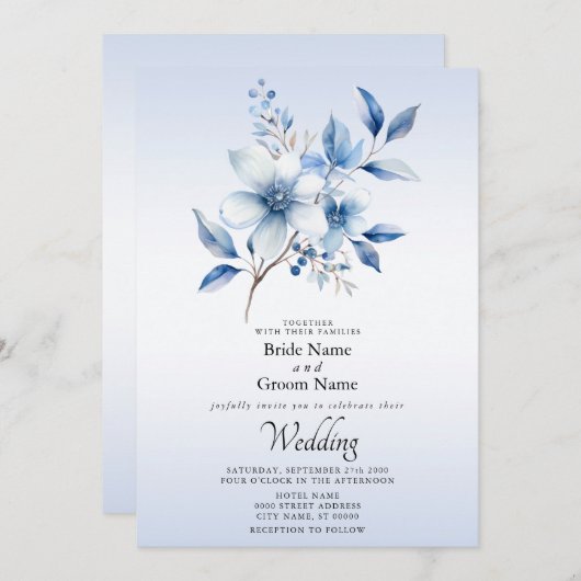 Botanische blauwe bloemen bruiloft uitnodiging (Voorkant / Achterkant)