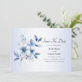 Botanische blauwe bloemen sparen de datum save the date (Staand voorkant)