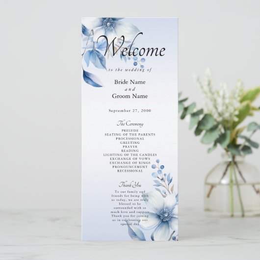 Botanische Blauwe Bloemen Trouwprogramma Programma (Staand voorkant)