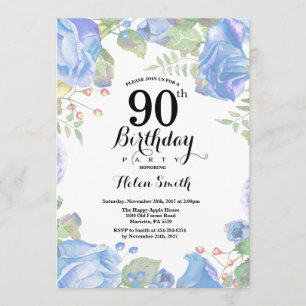 Botanische Blauwe Floral 90th Birthday Uitnodiging