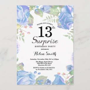 Botanische Blauwe Floral Surprise 13th Birthday Kaart