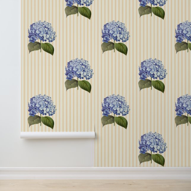  Botanische Blauwe Hydrangea Bloemstreep Behang (Applicatie)
