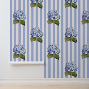  Botanische Blauwe Hydrangea Bloemstreep Behang