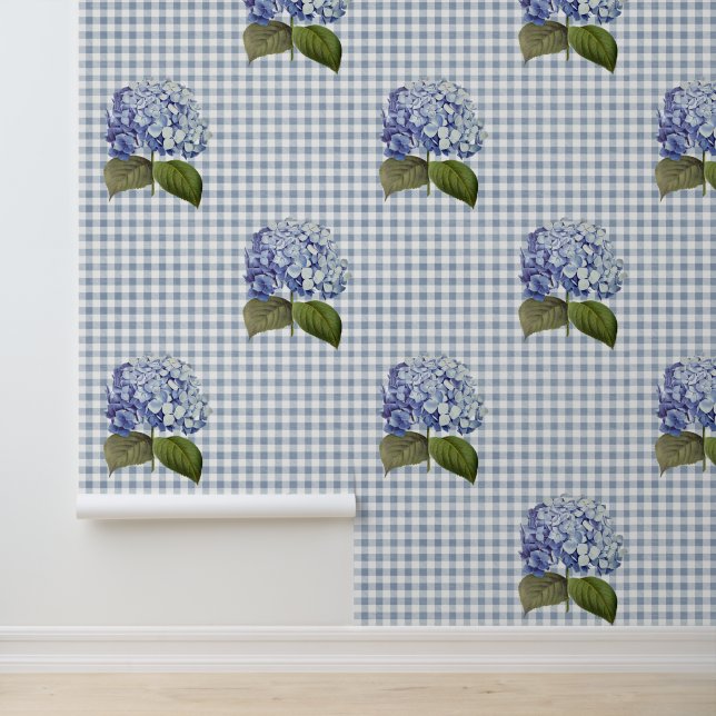  Botanische Blauwe Hydrangea Flower Gingham Behang (Applicatie)