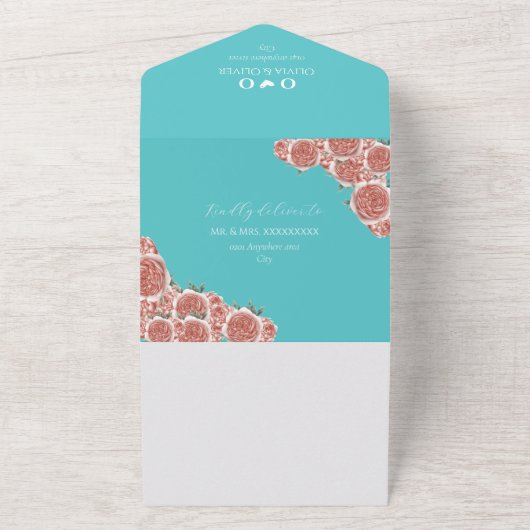 Botanische blauwgroen en koraal bruiloft all in one uitnodiging (Buitenkant)