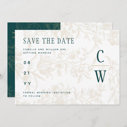 BOTANISCHE BLAUWGROEN GOLD Weddenschap Save The Date (Voorkant / Achterkant)