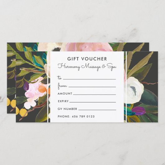Botanische Bliss Floral Gift Voucher Kaart | Zwart (Voorkant / Achterkant)