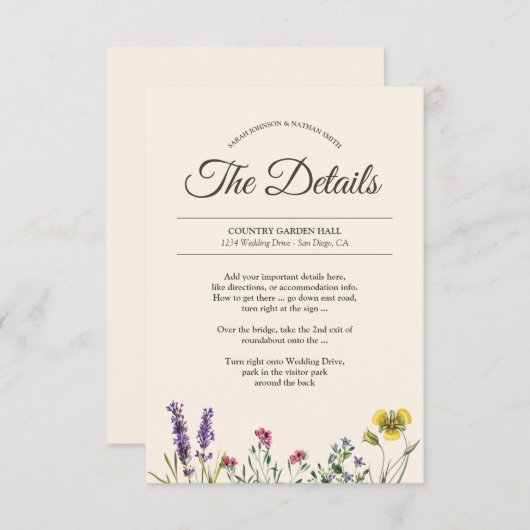 Botanische Bloem Bruiloft Details Info Informatiekaartje (Voorkant / Achterkant)