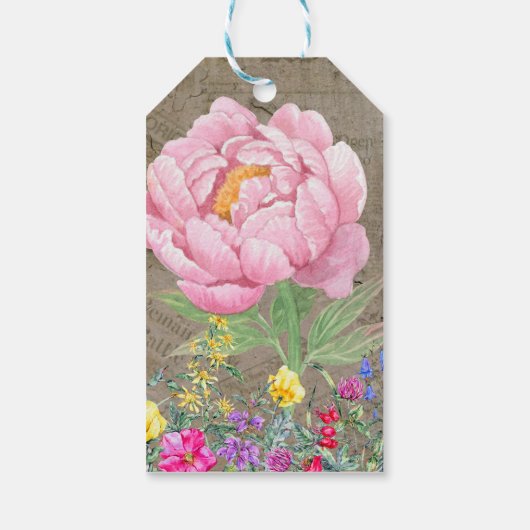 Botanische bloem, roze roos,  kranten cadeaulabel (Achterkant)