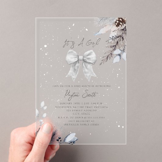 Botanische Bloemboog Winter Meisje Baby shower Acryl Uitnodigingen (Insitu (Draagbaar))