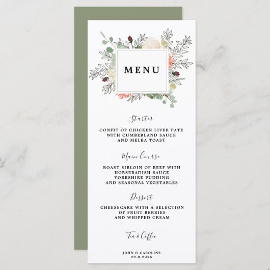 Botanische Bloemen Bruiloft Menukaarten Menu (Voorkant / Achterkant)