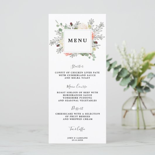 Botanische Bloemen Bruiloft Menukaarten Menu (Staand voorkant)