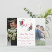 Botanische Bloemen Crest 3 Foto Collage Monogram Save The Date (Staand voorkant)