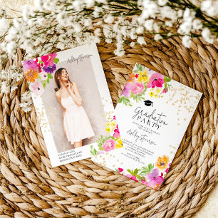 Botanische bloemen Gouden glitter foto afstuderen Aankondiging