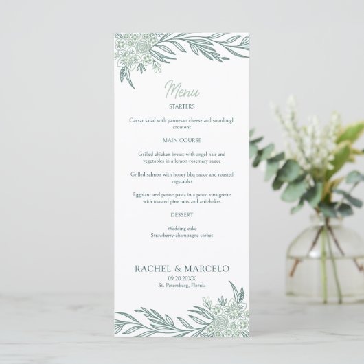 Botanische Bloemen Groene Huwelijk Menu (Staand voorkant)