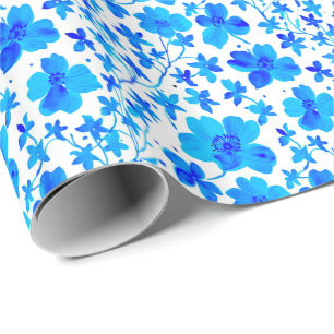 Botanische bloemen in diep blauw en wit cadeaupapier