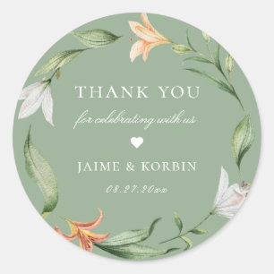 Botanische Bloemen Lelie Krans Sage Bruiloft gunst Ronde Sticker