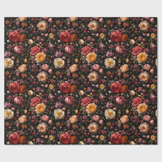 Botanische Bloemen Moody Antiek Nederlands Zwart Cadeaupapier (Vlak)