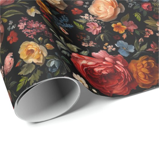 Botanische Bloemen Moody  Antiek Nederlands Zwart Cadeaupapier (Rol Hoek)