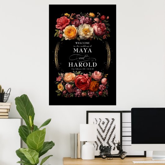 Botanische Bloemen Moody Black Wedding Welkom Poster (Thuiskantoor)