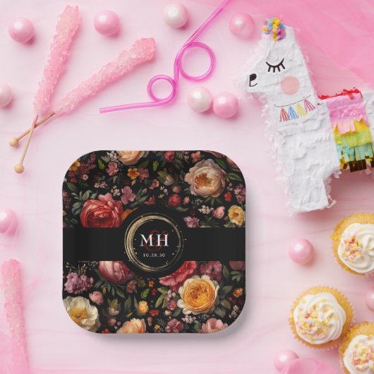 Botanische Bloemen Nederlands Barok Huwelijksmonog Papieren Bordje (Feest)