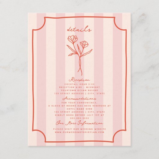 Botanische Bloemen Roze Streep Bruiloft Details Informatiekaartje (Voorkant)