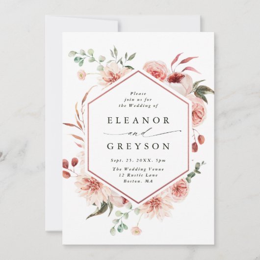Botanische bloementuin zeshoekige bruiloft blush kaart (Voorkant)