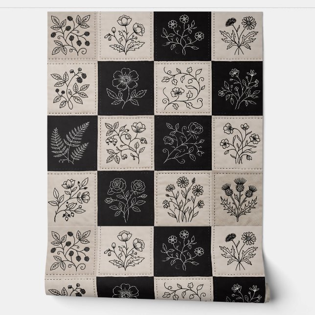 Botanische bloemleder look patchwork gestikt behang (Afrollen)