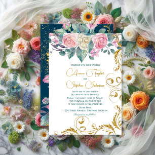 Botanische boeket met namaak gouden glitterswirrel kaart
