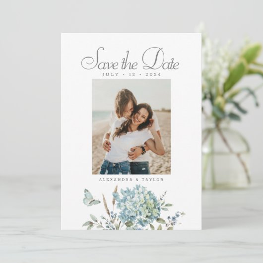 Botanische Boheemse Blauwe Waterverf Trouwfoto Save The Date (Staand voorkant)