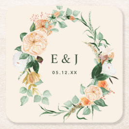 Botanische Boho Bloemige Groene Monogram Bruiloft Vierkante Kartonnen Onderzetter