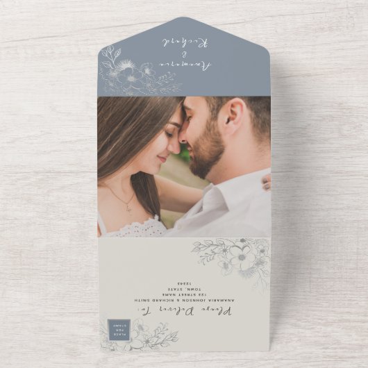 Botanische Boho Dusty Blue All-in-One uitnodiging (Buitenkant)