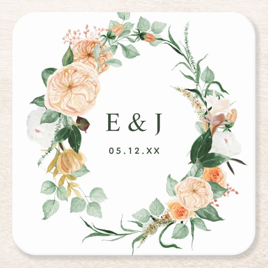 Botanische Boho Floral Greenery Monogram Weddensch Vierkante Kartonnen Onderzetter (Voorkant)